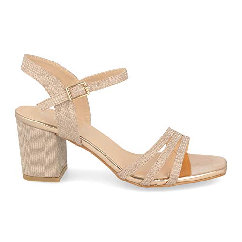 Sandalia Ankle Strap con Tacon Cuadrado, Talon Abierto, Triple Pala Fina y Cierre de Hebilla. Primavera Verano 2020. Talla 36 Champan