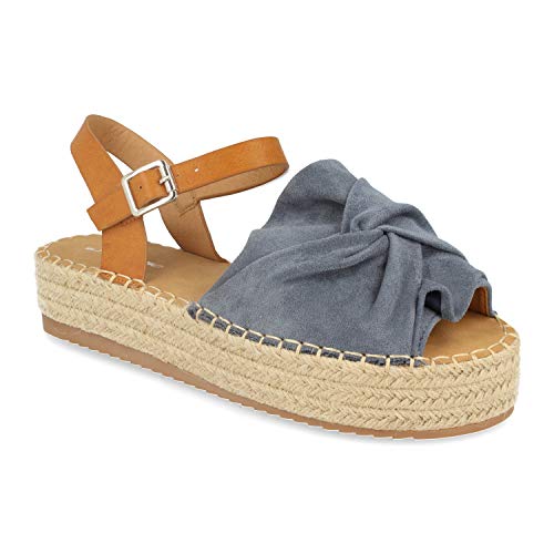 Sandalia con Plataforma de Yute, Pala Ancha en Forma de Nudo y Cierre de Hebilla en el Tobillo. Primavera Verano 2020. Talla 39 Azul
