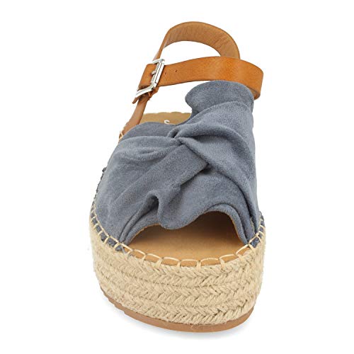 Sandalia con Plataforma de Yute, Pala Ancha en Forma de Nudo y Cierre de Hebilla en el Tobillo. Primavera Verano 2020. Talla 39 Azul