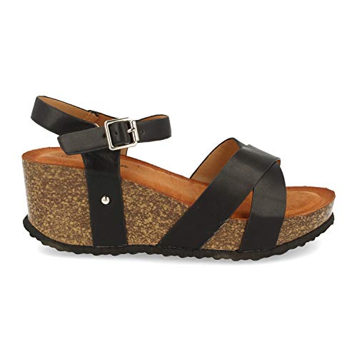 Sandalia de Cuna, para Mujer, con Planta Comoda Anatomica, Palas Cruzadas, y Cierre de Hebilla, Primavera Verano 2021. Talla 39 Negro