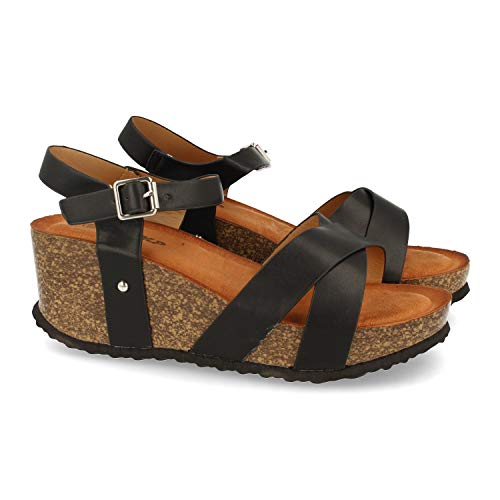 Sandalia de Cuna, para Mujer, con Planta Comoda Anatomica, Palas Cruzadas, y Cierre de Hebilla, Primavera Verano 2021. Talla 39 Negro