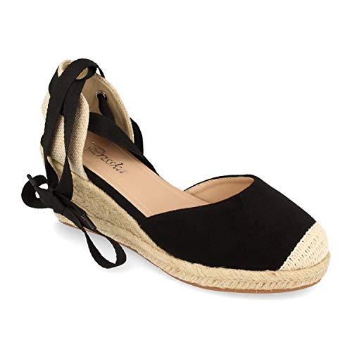 Sandalia de Cuna para Mujer, Estilo Valenciana, Forrada de Yute, con Punta Cerrada, y Cierre de Cordones en el Tobillo, Primavera Verano 2021. Talla 36 Negro