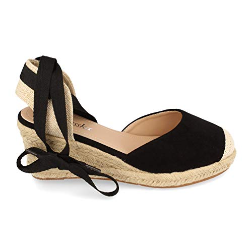 Sandalia de Cuna para Mujer, Estilo Valenciana, Forrada de Yute, con Punta Cerrada, y Cierre de Cordones en el Tobillo, Primavera Verano 2021. Talla 36 Negro