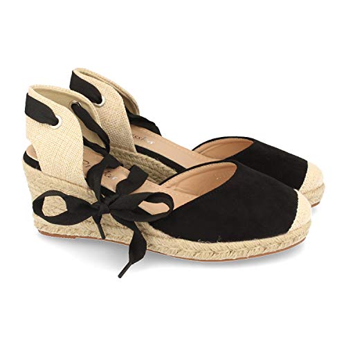 Sandalia de Cuna para Mujer, Estilo Valenciana, Forrada de Yute, con Punta Cerrada, y Cierre de Cordones en el Tobillo, Primavera Verano 2021. Talla 36 Negro