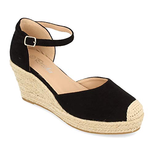 Sandalia de Cuna para Mujer, Estilo Valenciana, Forrada de Yute, con Punta Cerrada, y Cierre de Hebilla, Primavera Verano 2021. Talla 36 Negro