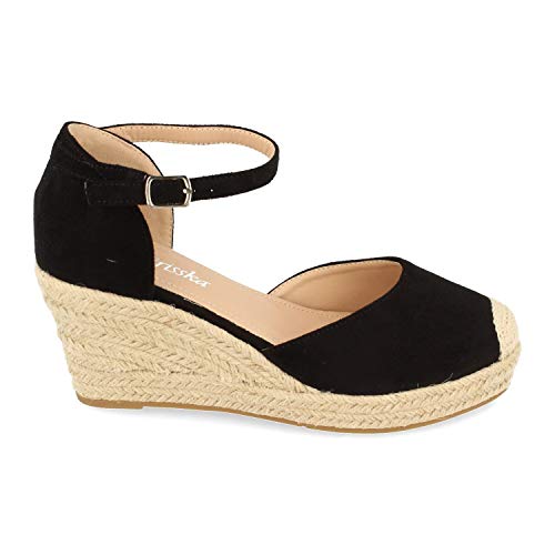 Sandalia de Cuna para Mujer, Estilo Valenciana, Forrada de Yute, con Punta Cerrada, y Cierre de Hebilla, Primavera Verano 2021. Talla 36 Negro