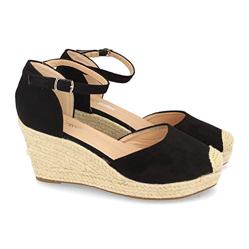 Sandalia de Cuna para Mujer, Estilo Valenciana, Forrada de Yute, con Punta Cerrada, y Cierre de Hebilla, Primavera Verano 2021. Talla 36 Negro