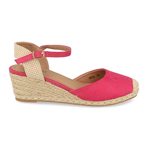 Sandalia de Mujer con Cuna de Yute, Planta de Gel y Hebilla en el Tobillo. Alpargatas Estilo romantico Primavera Verano. Talla 36 Fucsia