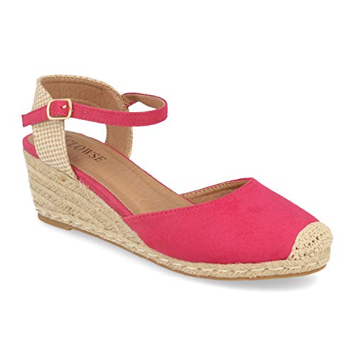 Sandalia de Mujer con Cuna de Yute, Planta de Gel y Hebilla en el Tobillo. Alpargatas Estilo romantico Primavera Verano. Talla 36 Fucsia