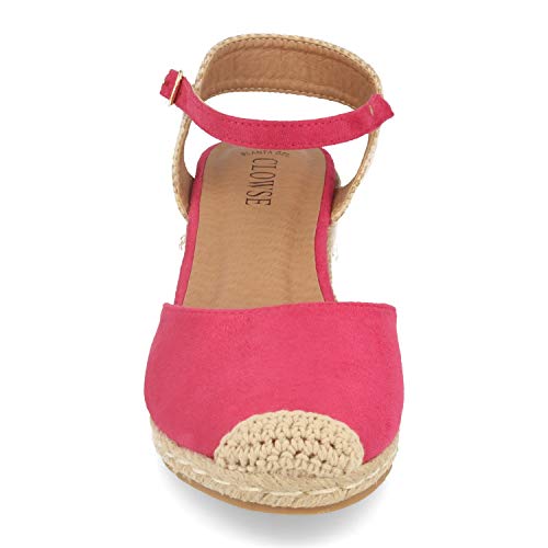 Sandalia de Mujer con Cuna de Yute, Planta de Gel y Hebilla en el Tobillo. Alpargatas Estilo romantico Primavera Verano. Talla 39 Fucsia