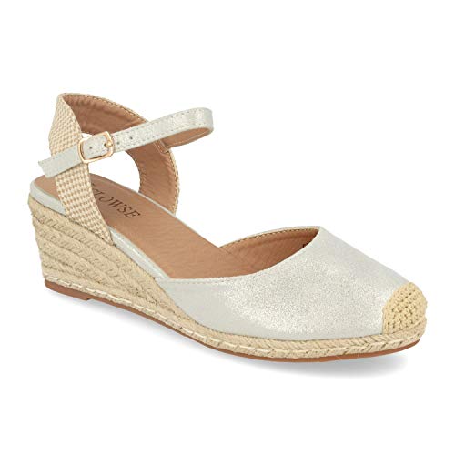 Sandalia de Mujer con Cuna de Yute, Planta de Gel y Hebilla en el Tobillo. Alpargatas Estilo romantico Primavera Verano. Talla 40 Plata