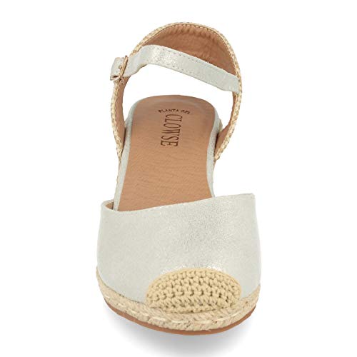 Sandalia de Mujer con Cuna de Yute, Planta de Gel y Hebilla en el Tobillo. Alpargatas Estilo romantico Primavera Verano. Talla 40 Plata