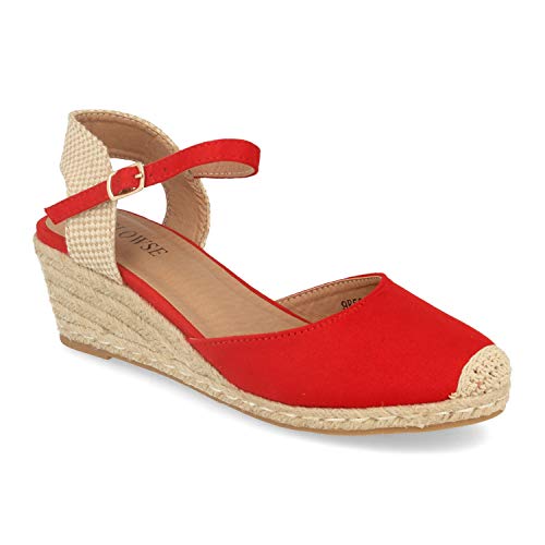 Sandalia de Mujer con Cuna de Yute, Planta de Gel y Hebilla en el Tobillo. Alpargatas Estilo romantico Primavera Verano. Talla 40 Rojo