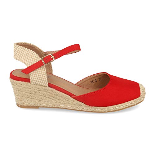 Sandalia de Mujer con Cuna de Yute, Planta de Gel y Hebilla en el Tobillo. Alpargatas Estilo romantico Primavera Verano. Talla 40 Rojo