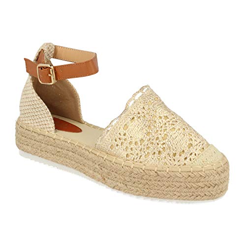 Sandalia de Mujer con Plataforma de Yute, Pala Cerrada de Rafia y Correa con Hebilla en el Tobillo. Primavera Verano 2020. Talla 36 Oro