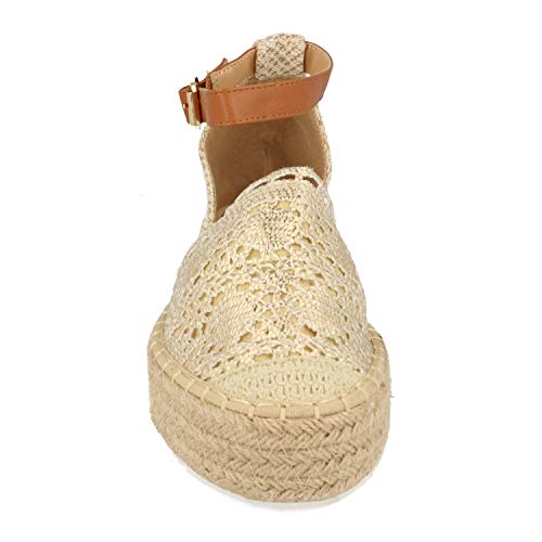 Sandalia de Mujer con Plataforma de Yute, Pala Cerrada de Rafia y Correa con Hebilla en el Tobillo. Primavera Verano 2020. Talla 36 Oro