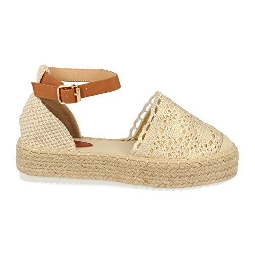 Sandalia de Mujer con Plataforma de Yute, Pala Cerrada de Rafia y Correa con Hebilla en el Tobillo. Primavera Verano 2020. Talla 36 Oro
