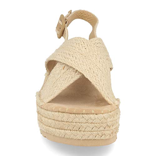 Sandalia de Mujer con Plataforma de Yute, Pala Cruzada, Talon Abierto y Cierre de Hebilla. Ideal para Primavera Verano. Talla 40 Beige