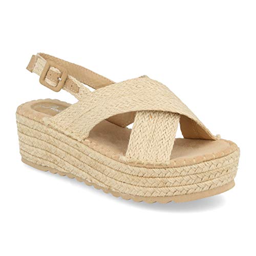 Sandalia de Mujer con Plataforma de Yute, Pala Cruzada, Talon Abierto y Cierre de Hebilla. Ideal para Primavera Verano. Talla 40 Beige