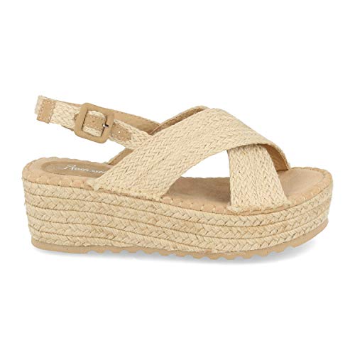 Sandalia de Mujer con Plataforma de Yute, Pala Cruzada, Talon Abierto y Cierre de Hebilla. Ideal para Primavera Verano. Talla 40 Beige