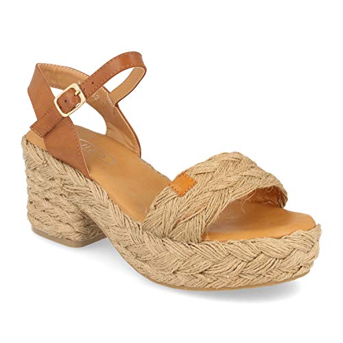 Sandalia de Mujer Estilo Bohemio con Tacon, Plataforma de Yute, Adorno en Pala, Suela de Crepelina y Cierre de Hebilla. Primavera Verano. Talla 37 Beige