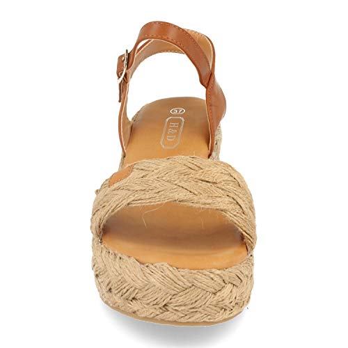 Sandalia de Mujer Estilo Bohemio con Tacon, Plataforma de Yute, Adorno en Pala, Suela de Crepelina y Cierre de Hebilla. Primavera Verano. Talla 37 Beige