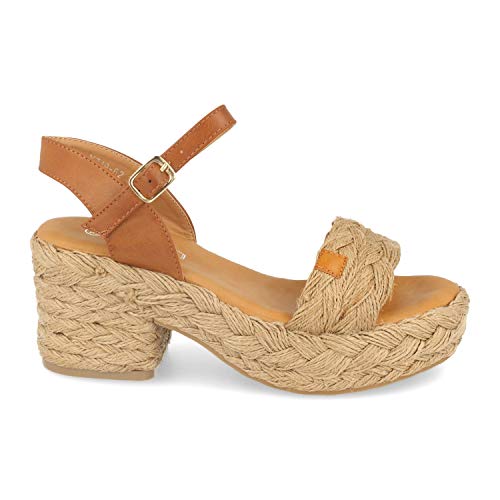 Sandalia de Mujer Estilo Bohemio con Tacon, Plataforma de Yute, Adorno en Pala, Suela de Crepelina y Cierre de Hebilla. Primavera Verano. Talla 37 Beige
