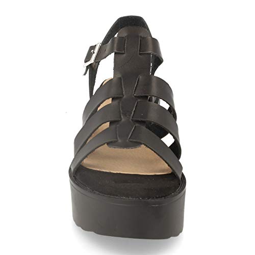 Sandalia de Mujer Estilo Cangrejera con Plataforma, Puntera Abierta, Correa en T y Hebilla. Primavera Verano 2020. Talla 36 Negro