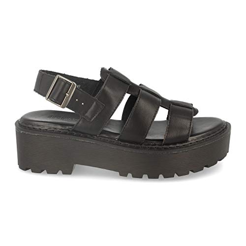 Sandalia de Mujer Estilo Cangrejera con Plataforma, Puntera Abierta, Correa en T y Hebilla. Primavera Verano 2020. Talla 37 Negro