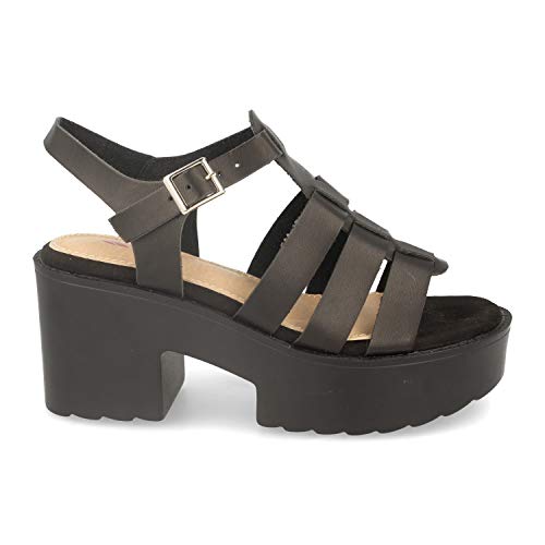 Sandalia de Mujer Estilo Cangrejera con Plataforma, Puntera Abierta, Correa en T y Hebilla. Primavera Verano 2020. Talla 40 Negro