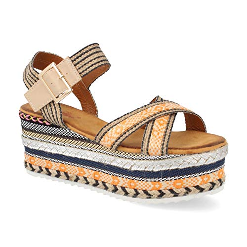 Sandalia de Mujer Plataforma Forrada de Rafias y Yute Estilo Etnico con Correa al Tobillo. Primavera Verano 2019. Talla 40 Naranja