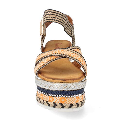 Sandalia de Mujer Plataforma Forrada de Rafias y Yute Estilo Etnico con Correa al Tobillo. Primavera Verano 2019. Talla 40 Naranja