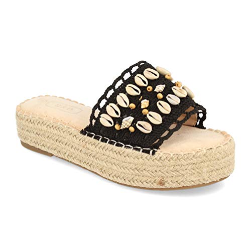 Sandalia de Pala Mujer Estilo Boho con Plataforma de Yute, Adornos de Conchas Marinas y Talon Abierto. Primavera Verano 2020. Talla 36 Negro