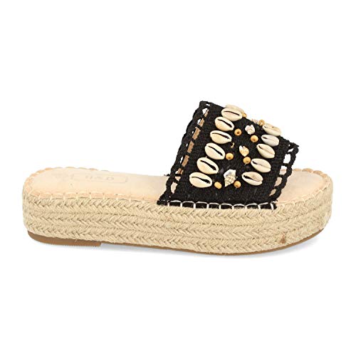 Sandalia de Pala Mujer Estilo Boho con Plataforma de Yute, Adornos de Conchas Marinas y Talon Abierto. Primavera Verano 2020. Talla 36 Negro