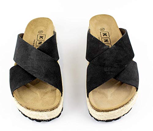 Sandalia de Piel con Plataforma de 4 Cm. Planta de Piel. Fabricación Bio. 2 Cuerda de Yute, Color Negro, Nº 38. Fabricadas en España. (Ref. 687583-ng nº 38)