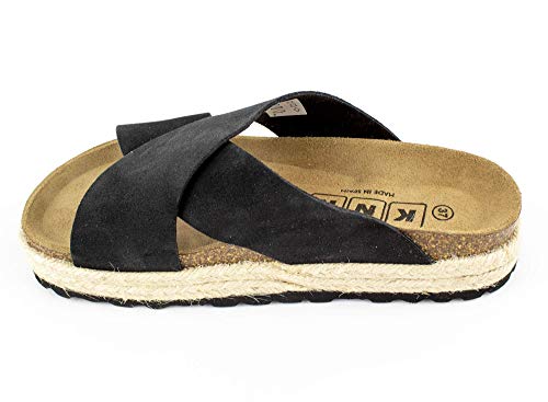 Sandalia de Piel con Plataforma de 4 Cm. Planta de Piel. Fabricación Bio. 2 Cuerda de Yute, Color Negro, Nº 38. Fabricadas en España. (Ref. 687583-ng nº 38)