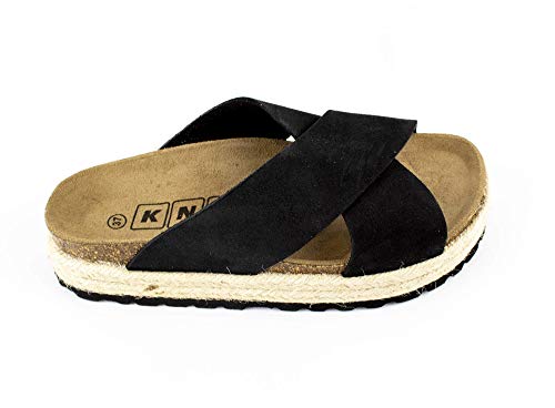 Sandalia de Piel con Plataforma de 4 Cm. Planta de Piel. Fabricación Bio. 2 Cuerda de Yute, Color Negro, Nº 38. Fabricadas en España. (Ref. 687583-ng nº 38)