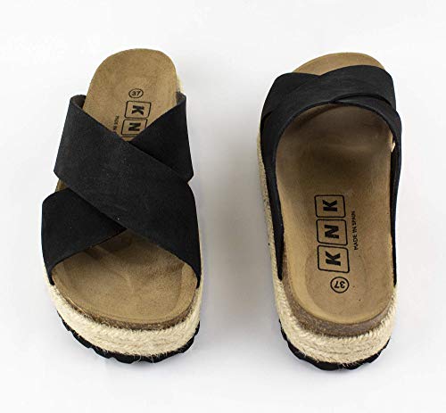 Sandalia de Piel con Plataforma de 4 Cm. Planta de Piel. Fabricación Bio. 2 Cuerda de Yute, Color Negro, Nº 38. Fabricadas en España. (Ref. 687583-ng nº 38)