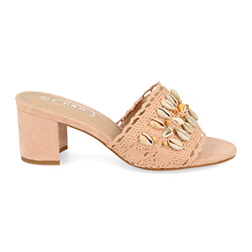 Sandalia de Tacon para Mujer Estilo Boho con Adornado de Conchas en Pala y Talon Abieto. Primavera Verano 2020. Talla 36 Rosa
