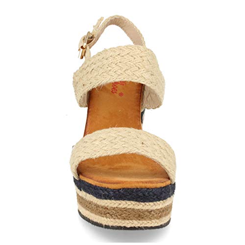Sandalia Estilo Boho Hippie para Mujer con Cuna de Yute Multicolor, Pala y Cierre de Rafia y Hebilla. Primavera Verano 2020. Talla 39 Beige