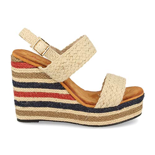 Sandalia Estilo Boho Hippie para Mujer con Cuna de Yute Multicolor, Pala y Cierre de Rafia y Hebilla. Primavera Verano 2020. Talla 39 Beige