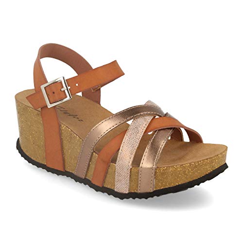 Sandalia Mujer Comoda con Cuna Bio, Palas Cruzadas, Talon Abierto y Cierre de Hebilla. Primavera Verano. Talla 40 Camel