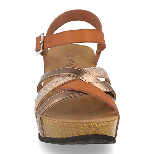 Sandalia Mujer Comoda con Cuna Bio, Palas Cruzadas, Talon Abierto y Cierre de Hebilla. Primavera Verano. Talla 40 Camel