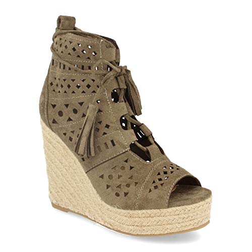 Sandalia Mujer con Cuna de Yute, Calados, Cierre de Cordones y Borlas. Primavera Verano 2020. Talla 37 Verde