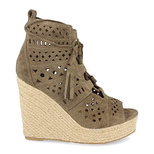 Sandalia Mujer con Cuna de Yute, Calados, Cierre de Cordones y Borlas. Primavera Verano 2020. Talla 37 Verde