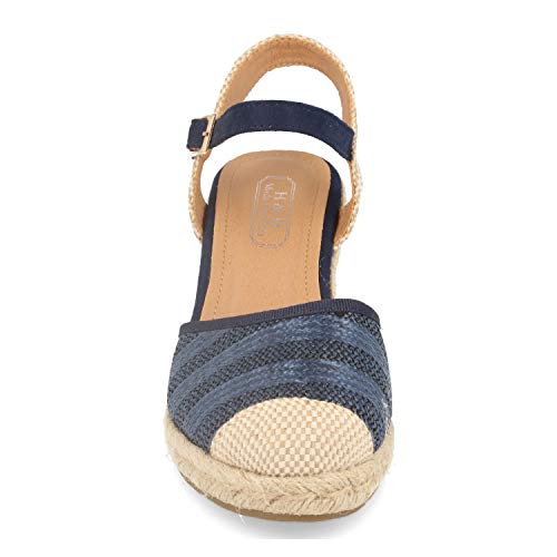 Sandalia Mujer con Cuna de Yute, Pala de Rafia, Correa Cruzada en el Tobillo y Hebilla. Primavera Verano 2020. Talla 41 Azul