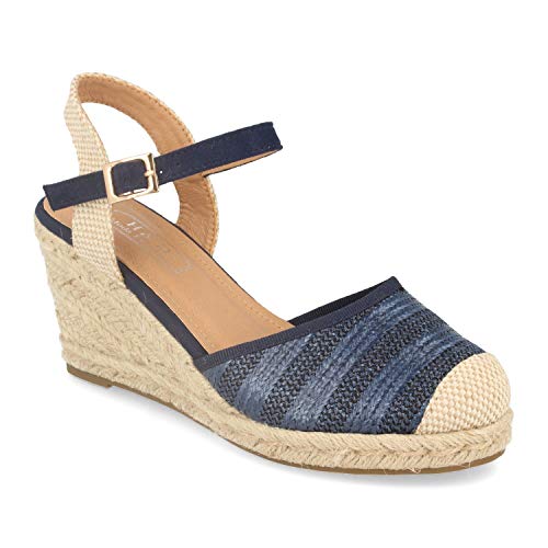 Sandalia Mujer con Cuna de Yute, Pala de Rafia, Correa Cruzada en el Tobillo y Hebilla. Primavera Verano 2020. Talla 41 Azul