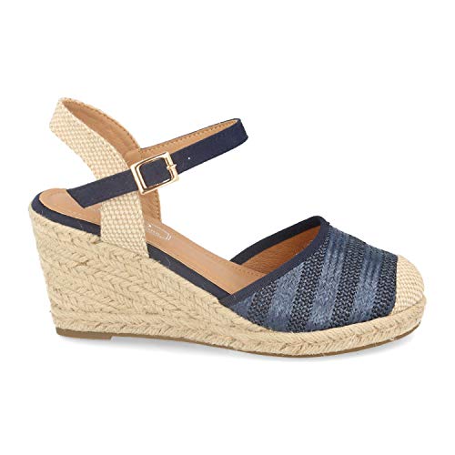 Sandalia Mujer con Cuna de Yute, Pala de Rafia, Correa Cruzada en el Tobillo y Hebilla. Primavera Verano 2020. Talla 41 Azul