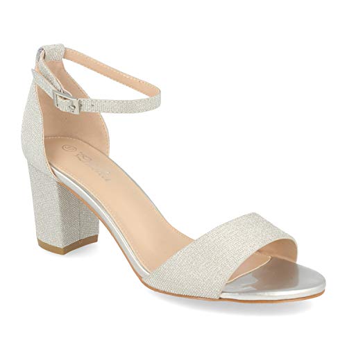 Sandalia Mujer De Vestir Fiesta Sexy con Tacon Ancho, Pala Fina, Strass Brillante, Talon Cerrado y Pulsera con Hebilla en el Tobillo. Primavera Verano. Talla 38 Plata