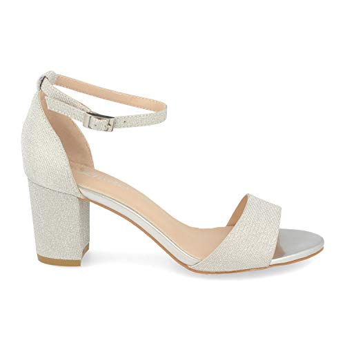 Sandalia Mujer De Vestir Fiesta Sexy con Tacon Ancho, Pala Fina, Strass Brillante, Talon Cerrado y Pulsera con Hebilla en el Tobillo. Primavera Verano. Talla 38 Plata